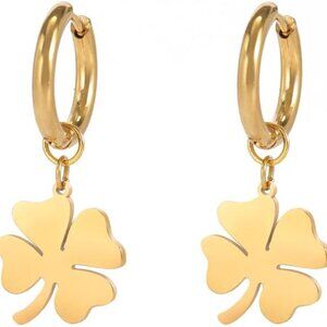 Lucky Four Leaf Clover Hoop Earrings for Women - Stainless Steel Irish Shamrock